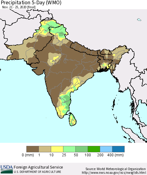 Southern Asia Precipitation 5-Day (WMO) Thematic Map For 11/21/2020 - 11/25/2020
