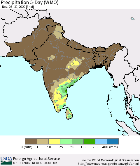Southern Asia Precipitation 5-Day (WMO) Thematic Map For 11/26/2020 - 11/30/2020