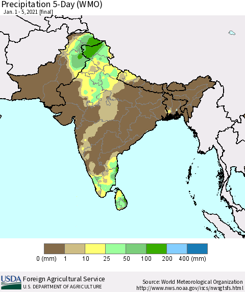 Southern Asia Precipitation 5-Day (WMO) Thematic Map For 1/1/2021 - 1/5/2021