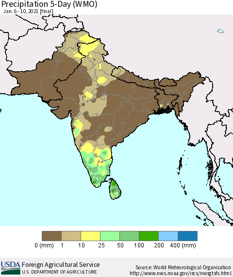 Southern Asia Precipitation 5-Day (WMO) Thematic Map For 1/6/2021 - 1/10/2021