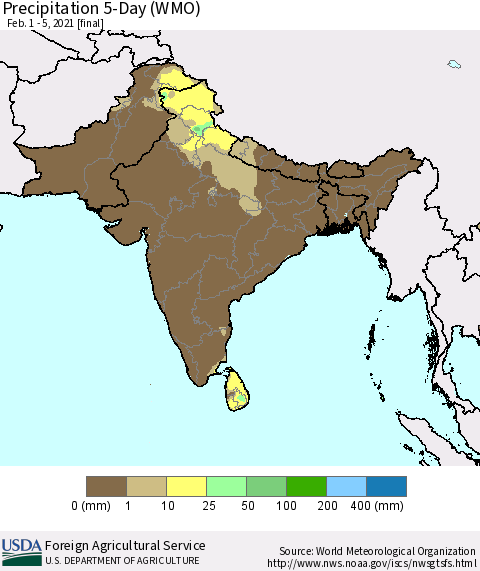 Southern Asia Precipitation 5-Day (WMO) Thematic Map For 2/1/2021 - 2/5/2021
