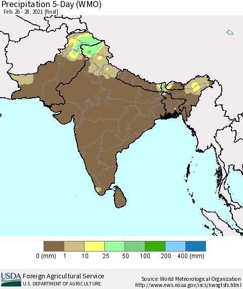 Southern Asia Precipitation 5-Day (WMO) Thematic Map For 2/26/2021 - 2/28/2021