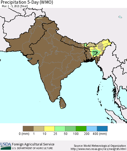 Southern Asia Precipitation 5-Day (WMO) Thematic Map For 3/1/2021 - 3/5/2021