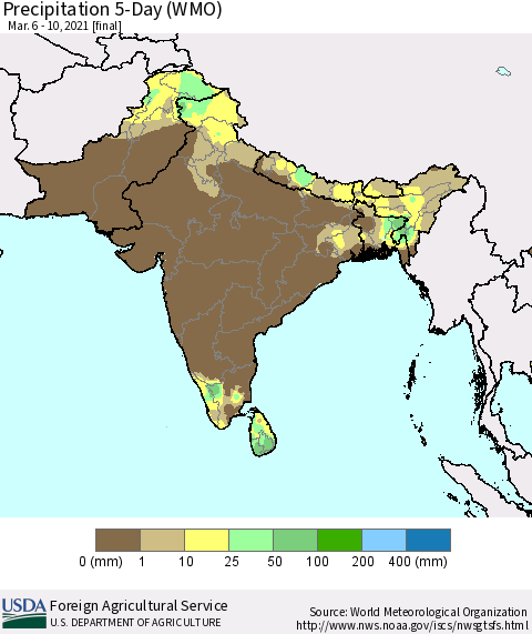 Southern Asia Precipitation 5-Day (WMO) Thematic Map For 3/6/2021 - 3/10/2021