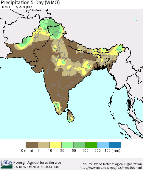 Southern Asia Precipitation 5-Day (WMO) Thematic Map For 3/11/2021 - 3/15/2021