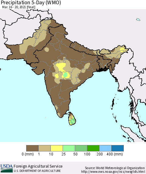 Southern Asia Precipitation 5-Day (WMO) Thematic Map For 3/16/2021 - 3/20/2021
