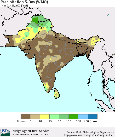 Southern Asia Precipitation 5-Day (WMO) Thematic Map For 3/21/2021 - 3/25/2021