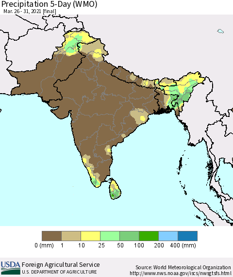 Southern Asia Precipitation 5-Day (WMO) Thematic Map For 3/26/2021 - 3/31/2021