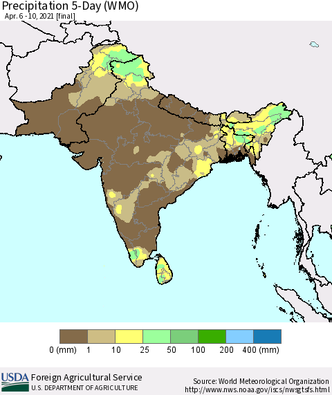Southern Asia Precipitation 5-Day (WMO) Thematic Map For 4/6/2021 - 4/10/2021