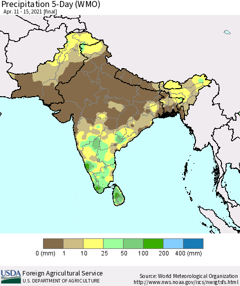 Southern Asia Precipitation 5-Day (WMO) Thematic Map For 4/11/2021 - 4/15/2021