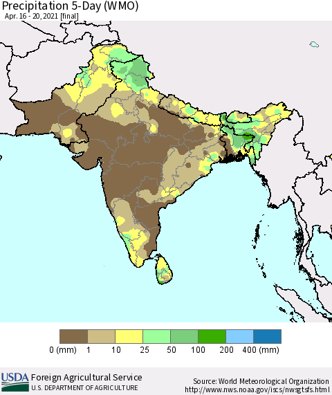 Southern Asia Precipitation 5-Day (WMO) Thematic Map For 4/16/2021 - 4/20/2021