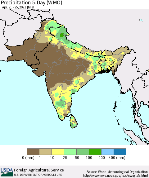 Southern Asia Precipitation 5-Day (WMO) Thematic Map For 4/21/2021 - 4/25/2021