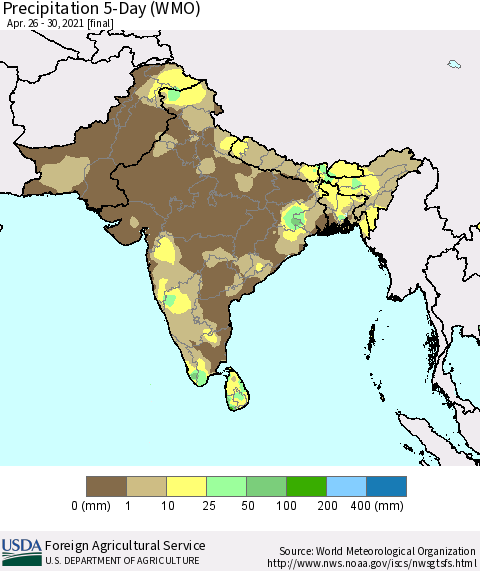 Southern Asia Precipitation 5-Day (WMO) Thematic Map For 4/26/2021 - 4/30/2021