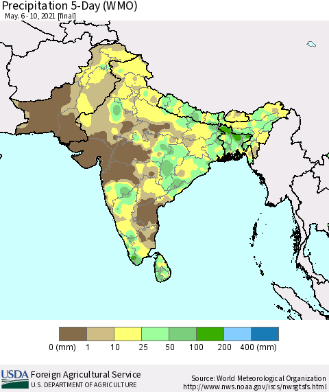 Southern Asia Precipitation 5-Day (WMO) Thematic Map For 5/6/2021 - 5/10/2021