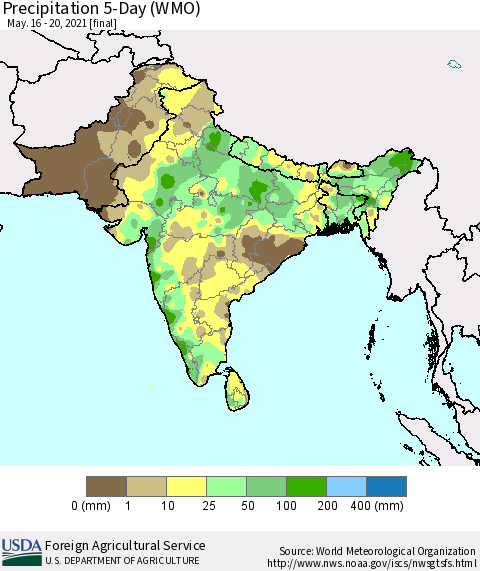 Southern Asia Precipitation 5-Day (WMO) Thematic Map For 5/16/2021 - 5/20/2021