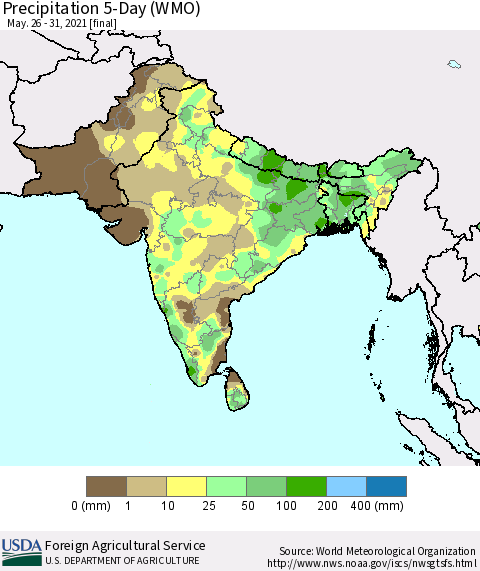 Southern Asia Precipitation 5-Day (WMO) Thematic Map For 5/26/2021 - 5/31/2021