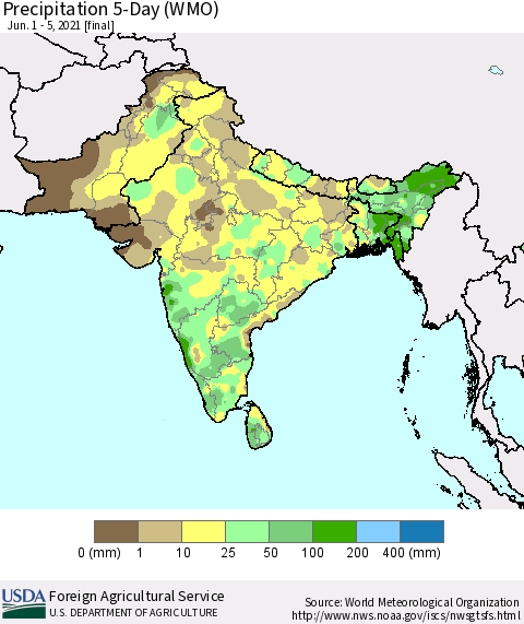 Southern Asia Precipitation 5-Day (WMO) Thematic Map For 6/1/2021 - 6/5/2021