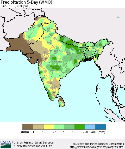 Southern Asia Precipitation 5-Day (WMO) Thematic Map For 6/11/2021 - 6/15/2021