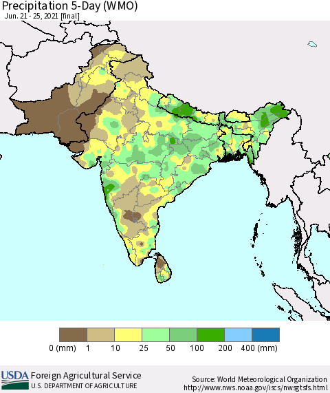 Southern Asia Precipitation 5-Day (WMO) Thematic Map For 6/21/2021 - 6/25/2021