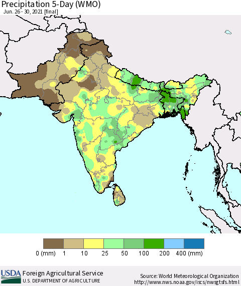 Southern Asia Precipitation 5-Day (WMO) Thematic Map For 6/26/2021 - 6/30/2021
