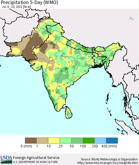 Southern Asia Precipitation 5-Day (WMO) Thematic Map For 7/6/2021 - 7/10/2021