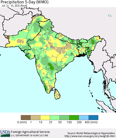 Southern Asia Precipitation 5-Day (WMO) Thematic Map For 7/11/2021 - 7/15/2021
