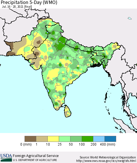 Southern Asia Precipitation 5-Day (WMO) Thematic Map For 7/16/2021 - 7/20/2021