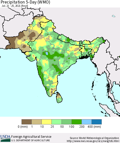 Southern Asia Precipitation 5-Day (WMO) Thematic Map For 7/21/2021 - 7/25/2021