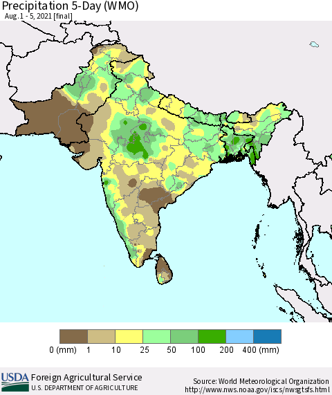Southern Asia Precipitation 5-Day (WMO) Thematic Map For 8/1/2021 - 8/5/2021
