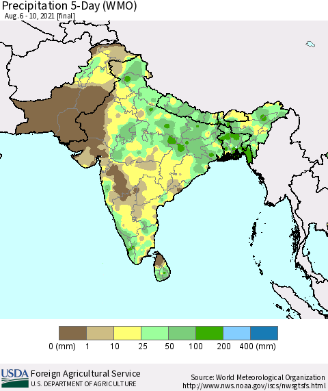 Southern Asia Precipitation 5-Day (WMO) Thematic Map For 8/6/2021 - 8/10/2021
