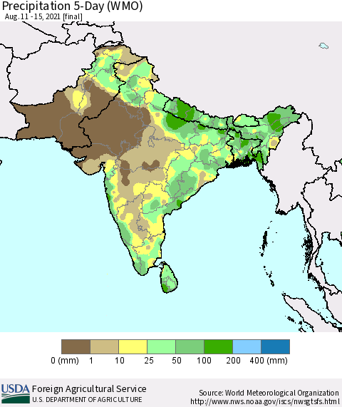 Southern Asia Precipitation 5-Day (WMO) Thematic Map For 8/11/2021 - 8/15/2021