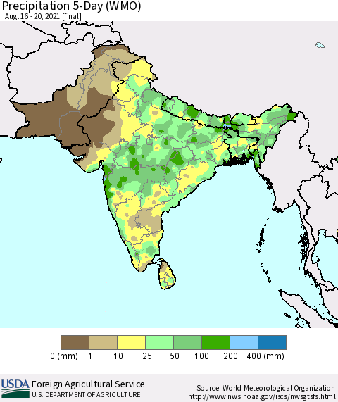 Southern Asia Precipitation 5-Day (WMO) Thematic Map For 8/16/2021 - 8/20/2021