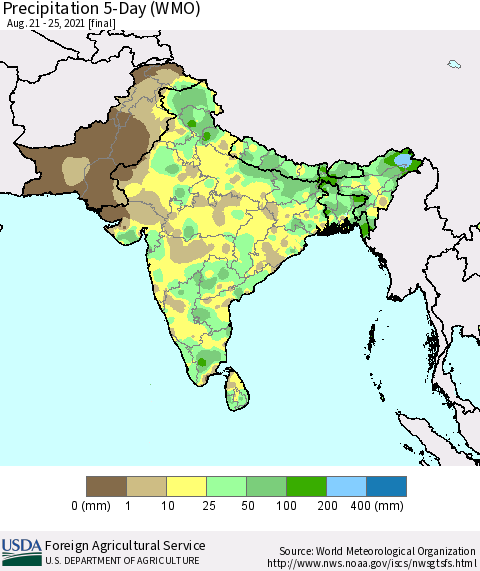 Southern Asia Precipitation 5-Day (WMO) Thematic Map For 8/21/2021 - 8/25/2021