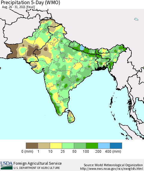 Southern Asia Precipitation 5-Day (WMO) Thematic Map For 8/26/2021 - 8/31/2021