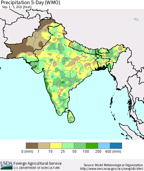 Southern Asia Precipitation 5-Day (WMO) Thematic Map For 9/1/2021 - 9/5/2021