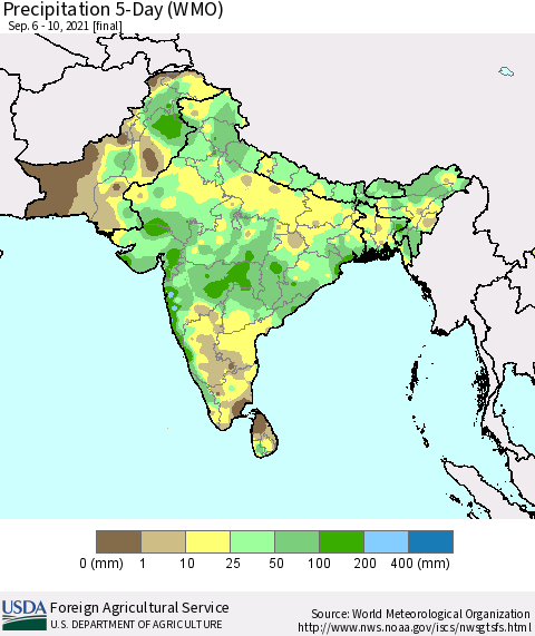 Southern Asia Precipitation 5-Day (WMO) Thematic Map For 9/6/2021 - 9/10/2021