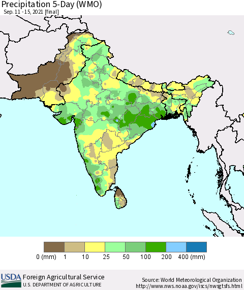 Southern Asia Precipitation 5-Day (WMO) Thematic Map For 9/11/2021 - 9/15/2021