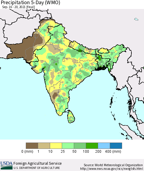 Southern Asia Precipitation 5-Day (WMO) Thematic Map For 9/16/2021 - 9/20/2021