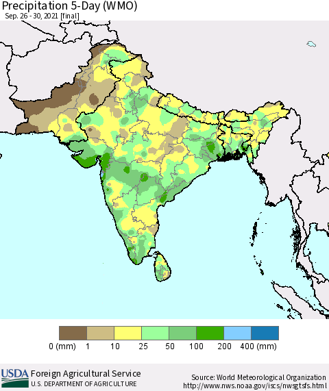 Southern Asia Precipitation 5-Day (WMO) Thematic Map For 9/26/2021 - 9/30/2021