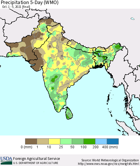 Southern Asia Precipitation 5-Day (WMO) Thematic Map For 10/1/2021 - 10/5/2021