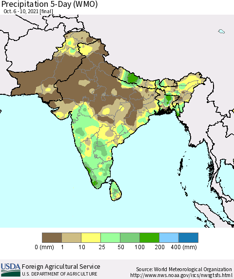 Southern Asia Precipitation 5-Day (WMO) Thematic Map For 10/6/2021 - 10/10/2021