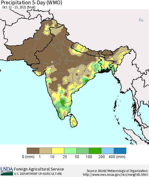 Southern Asia Precipitation 5-Day (WMO) Thematic Map For 10/11/2021 - 10/15/2021