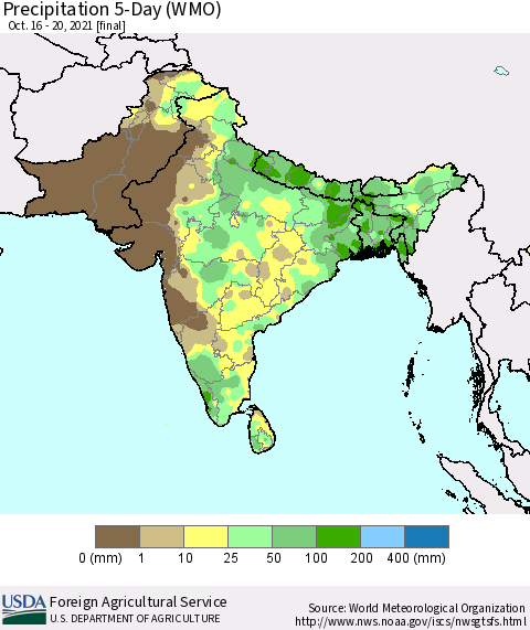 Southern Asia Precipitation 5-Day (WMO) Thematic Map For 10/16/2021 - 10/20/2021