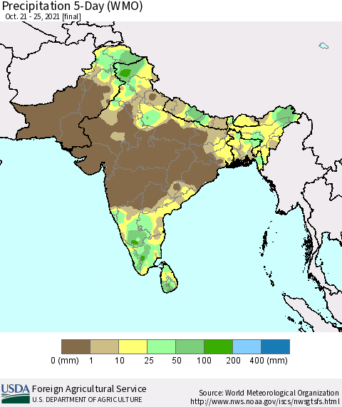Southern Asia Precipitation 5-Day (WMO) Thematic Map For 10/21/2021 - 10/25/2021