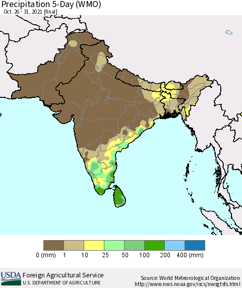 Southern Asia Precipitation 5-Day (WMO) Thematic Map For 10/26/2021 - 10/31/2021