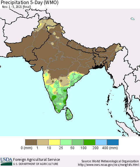 Southern Asia Precipitation 5-Day (WMO) Thematic Map For 11/1/2021 - 11/5/2021