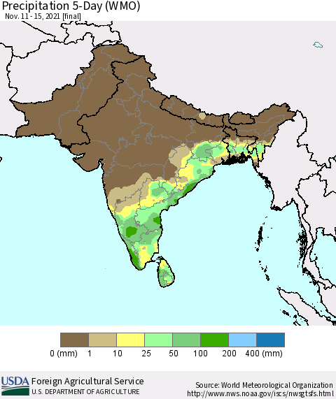 Southern Asia Precipitation 5-Day (WMO) Thematic Map For 11/11/2021 - 11/15/2021