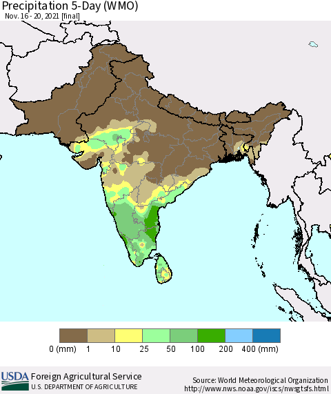 Southern Asia Precipitation 5-Day (WMO) Thematic Map For 11/16/2021 - 11/20/2021