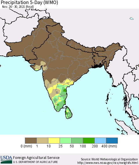 Southern Asia Precipitation 5-Day (WMO) Thematic Map For 11/26/2021 - 11/30/2021