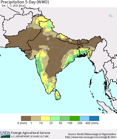 Southern Asia Precipitation 5-Day (WMO) Thematic Map For 12/1/2021 - 12/5/2021